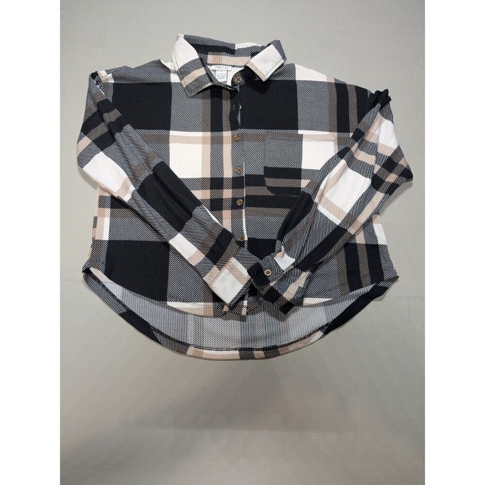 Rue21 Womens Large Plaid Button Up Shirt Black Cream Beige Long Sleeve
